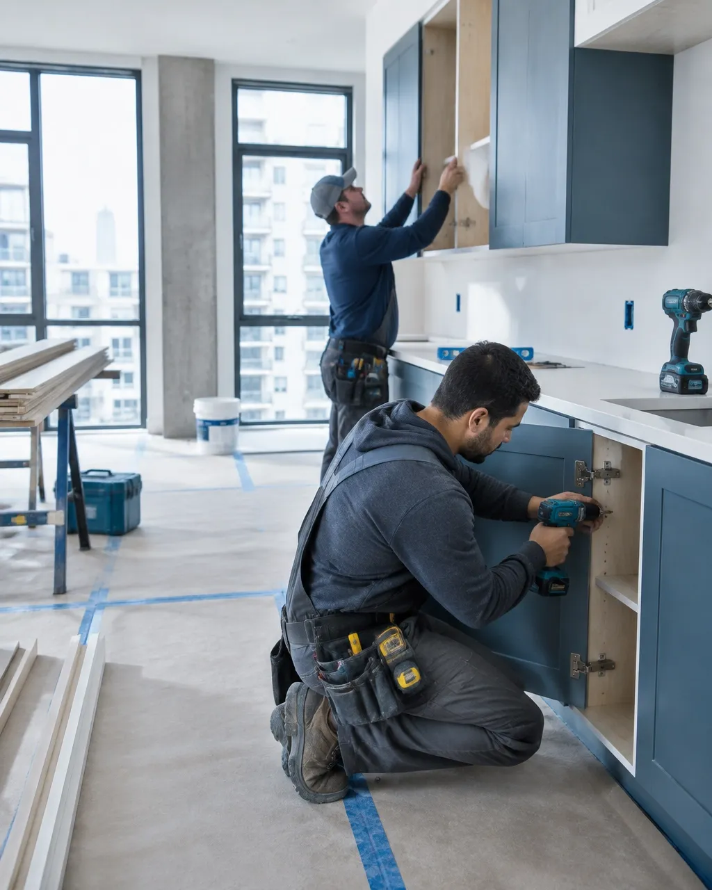 Installers fitting interior materials inside a multifamily apartment under construction