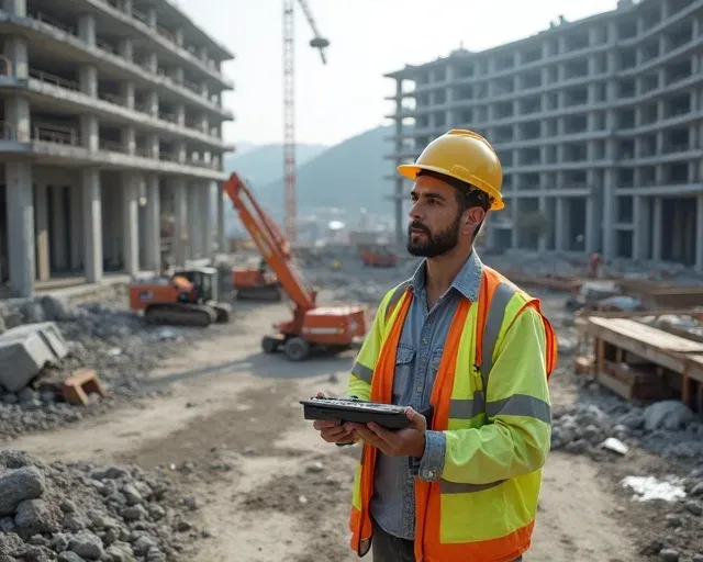 Construction project manager reviewing progress on site with a tablet