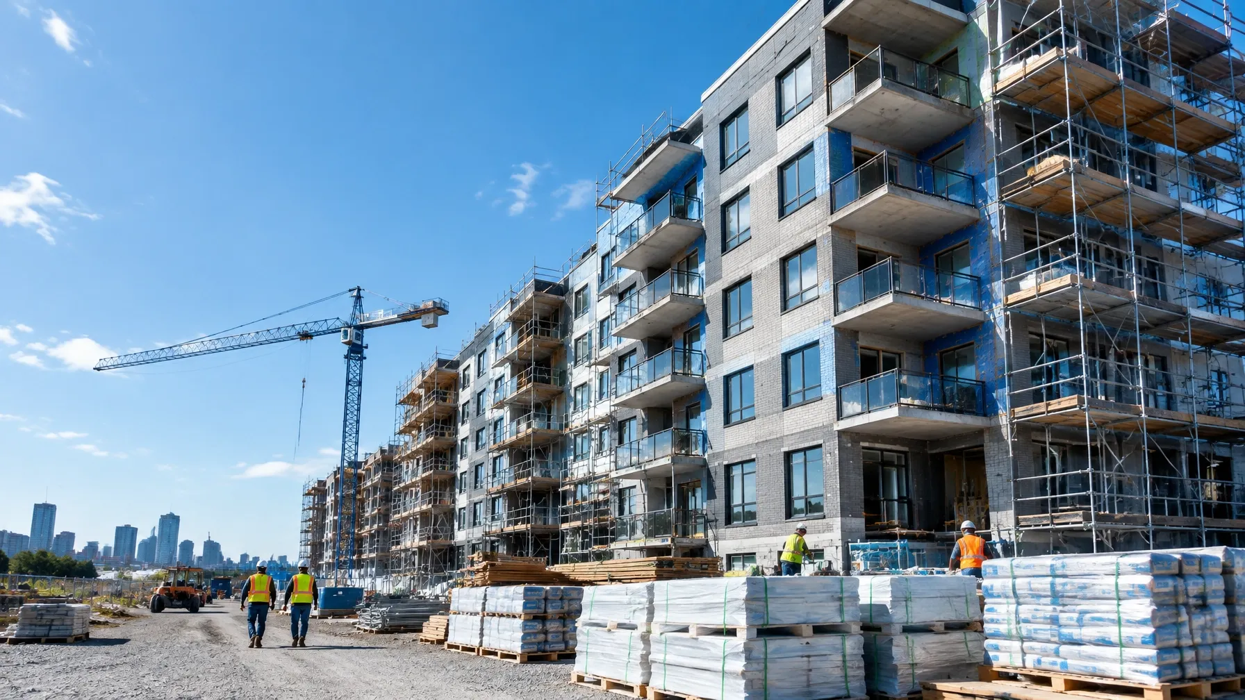 Multifamily apartment building under construction with balconies, scaffolding, and stacked building materials