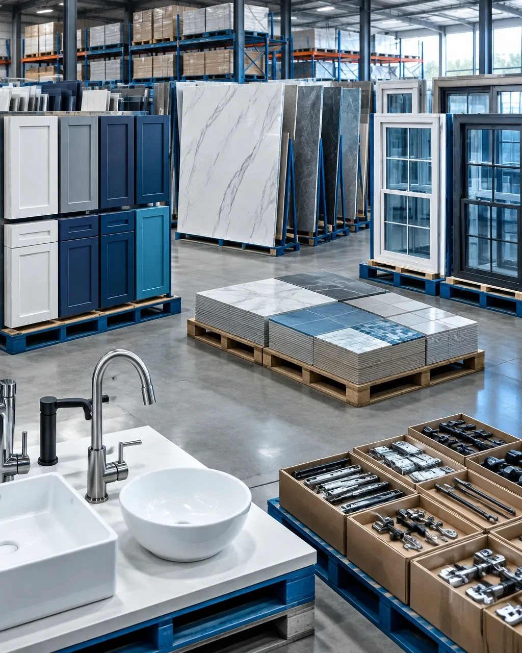 Building materials organized in a factory staging facility
