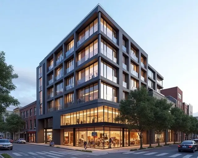Contemporary multifamily development exterior at street level
