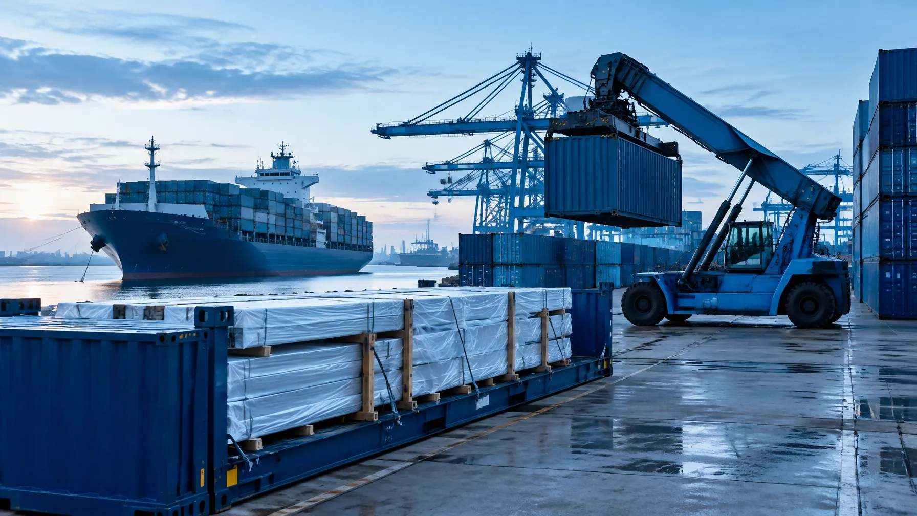 Shipping container terminal with construction materials prepared for international freight