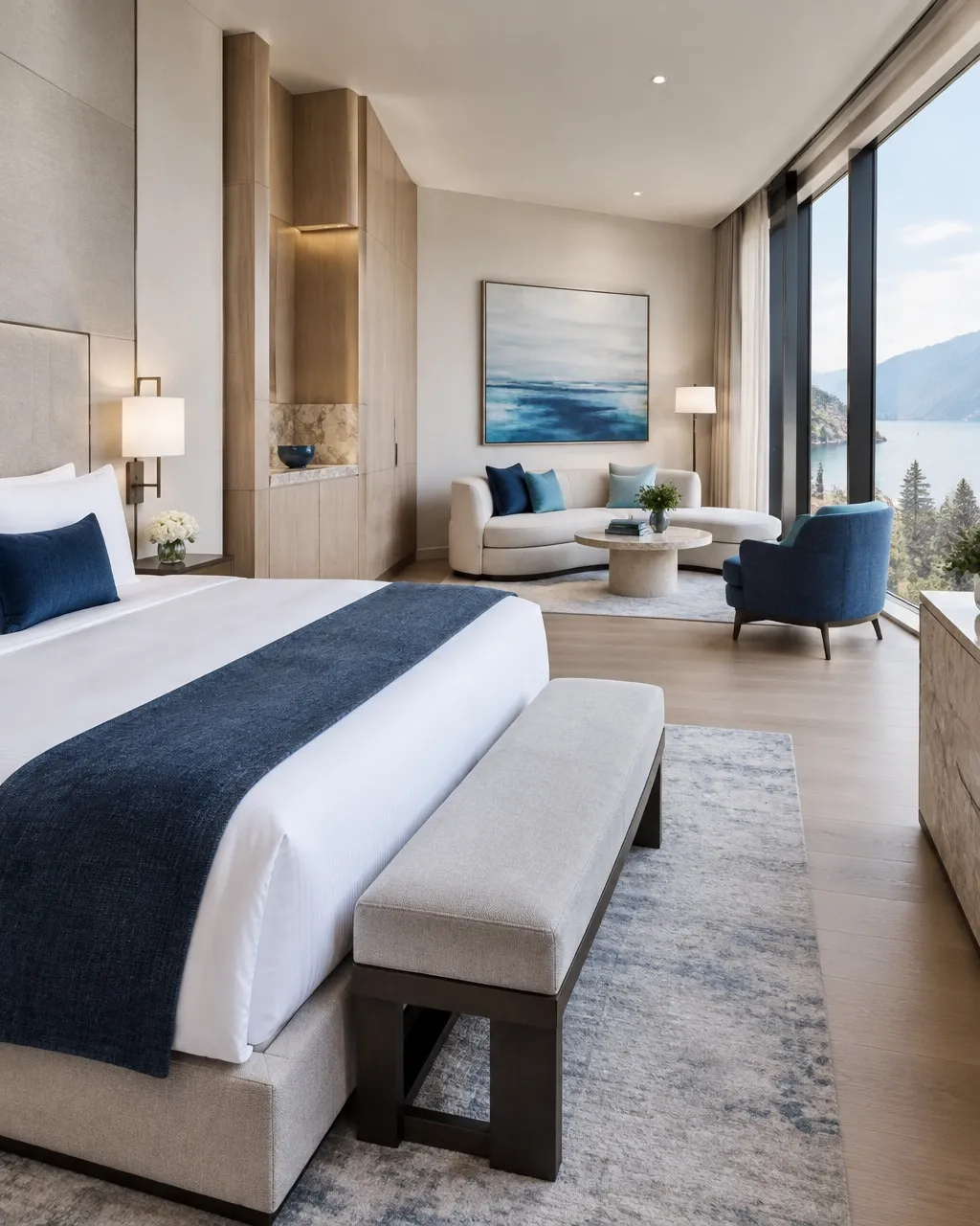 Contemporary hotel guestroom with custom millwork and furnishings
